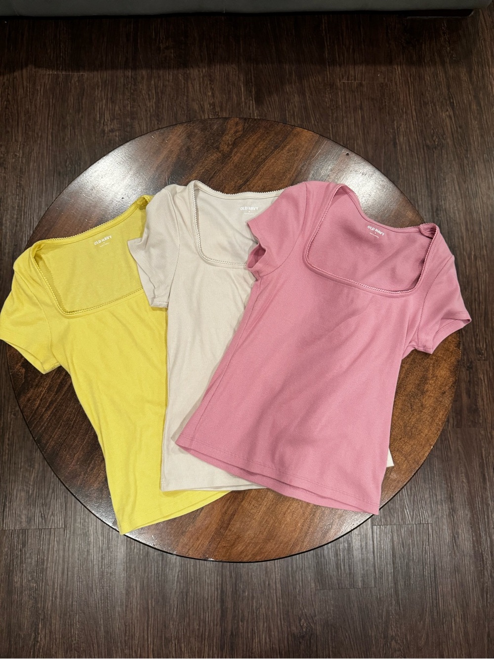 Old Navy Square-Neck Rib Tee Trio — Pink, Cream, Yellow